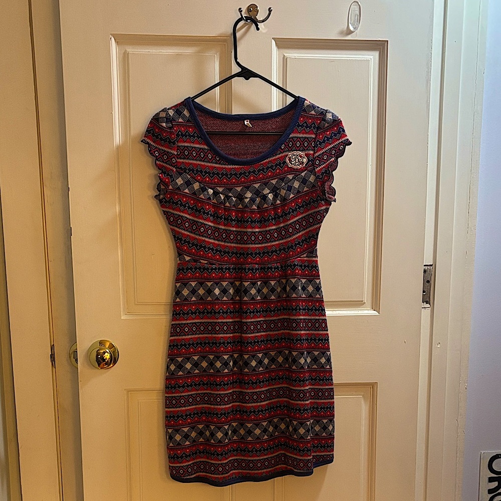 Blutsgeschwister Patterned Knit Red & Blue Women's Dress (XS)